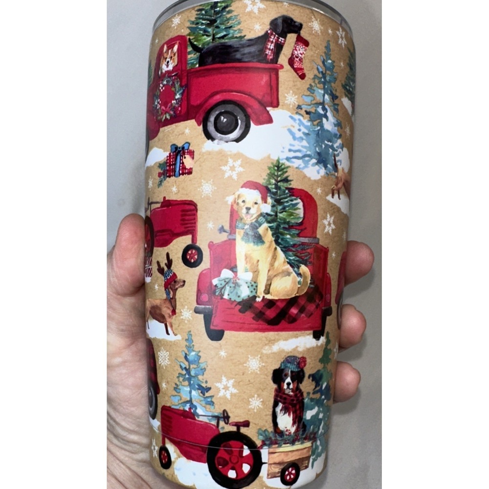 Clementine Thermal Travel mug 20 oz SS Tumbler Christmas, Pickup, Dogs NWOT